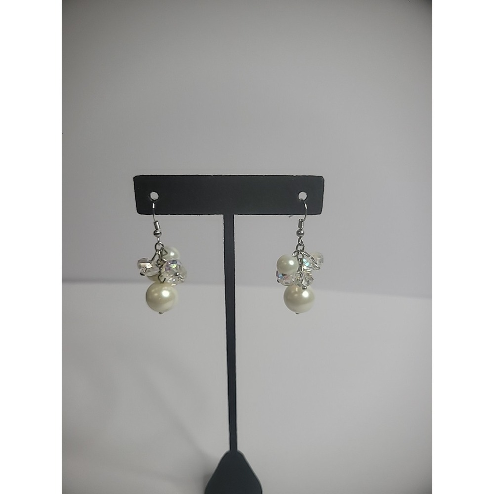 Vintage Earrings Pierced Hook Beaded White Clear Jewelry Costume